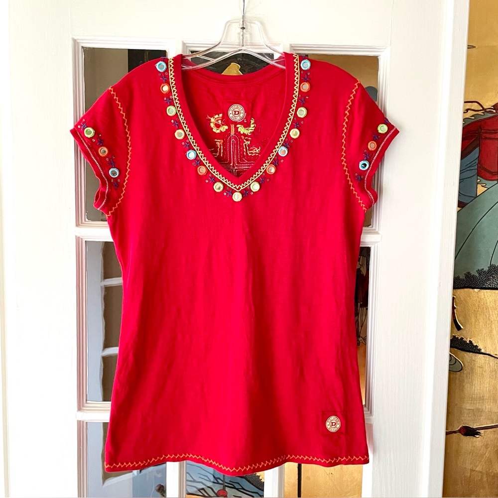 Double D Ranch Red T Shirt Tee SZ L Womens Embroidered Cross Mirror Western Boho